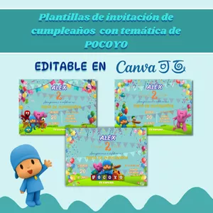 Imagen de portada para Ebook Plantillas de invitación de cumpleaños temática de Pocoyo editables en Canva