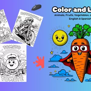 Cover image for Ebook Coloring Book: Color and Learn - Animals, Fruits, Vegetables and Vehicles in English and Spanish