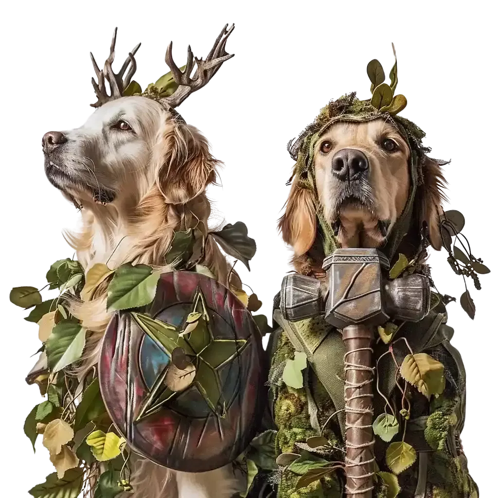 Foto de dois cachorros vestidos de vingadores