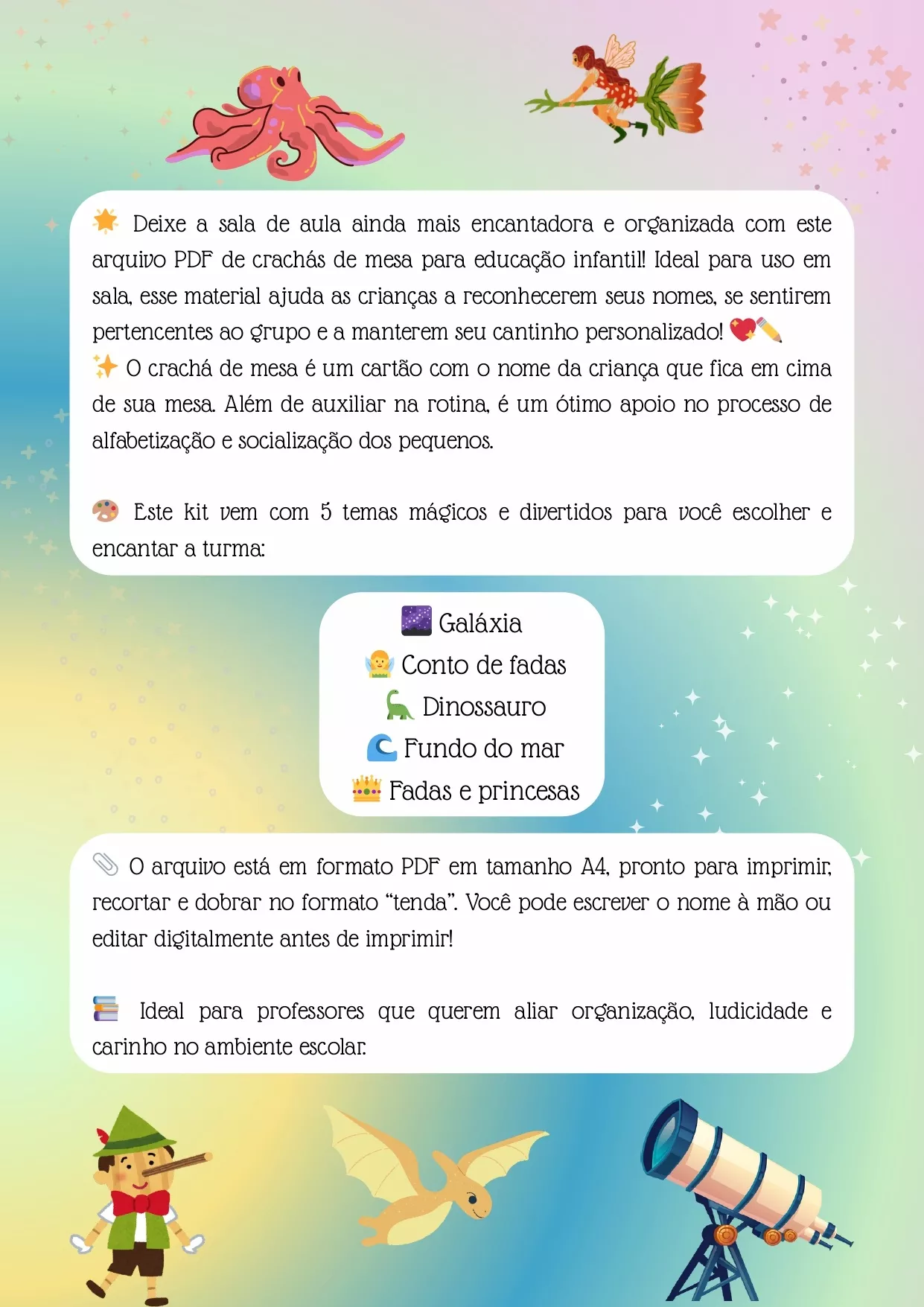 Kit Crachás de Mesa Infantil – Galáxia, Fadas, Dinossauros e Muito Mais! — imagem 2