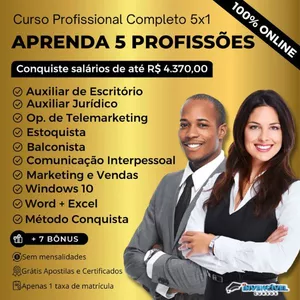 Imagem do curso  APRENDA 5 PROFISSÕES:   Auxiliar de Escritório, Auxiliar Jurídico, Op. de Telemarketing, Estoquista e Balconista