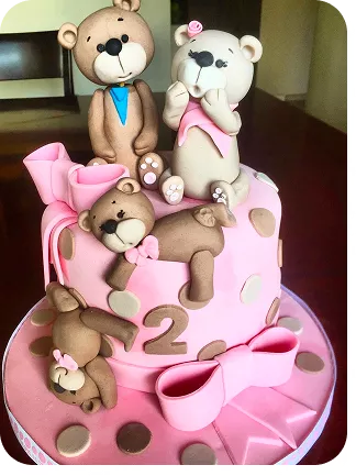 Bolo de 1 andar, família urso, ursos no topo e na base do bolo com laçarotes do Curso Meu Primeiro Zoológico - Modele 25 Animais em Pasta Americana