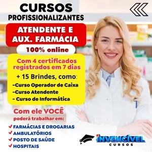 Imagem de Atendente e Auxiliar de Farmácia + 4 Profissões + 5 Brindes criado por Portal Invencível Cursos na hotmart