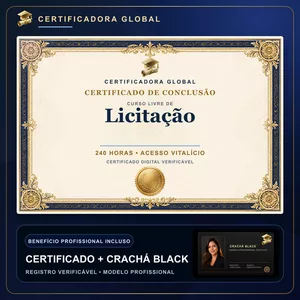 Curso 🔥 BOLSA 100% [APLICADA] - [MATRÍCULA] CURSO DE FORMAÇÃO EM LICITAÇÃO - ACESSO VITALÍCIO - CRACHÁ BLACK + REGISTRO - CASHBACK R$ 25 - BÔNUS APOSTILA EXTRA - CG