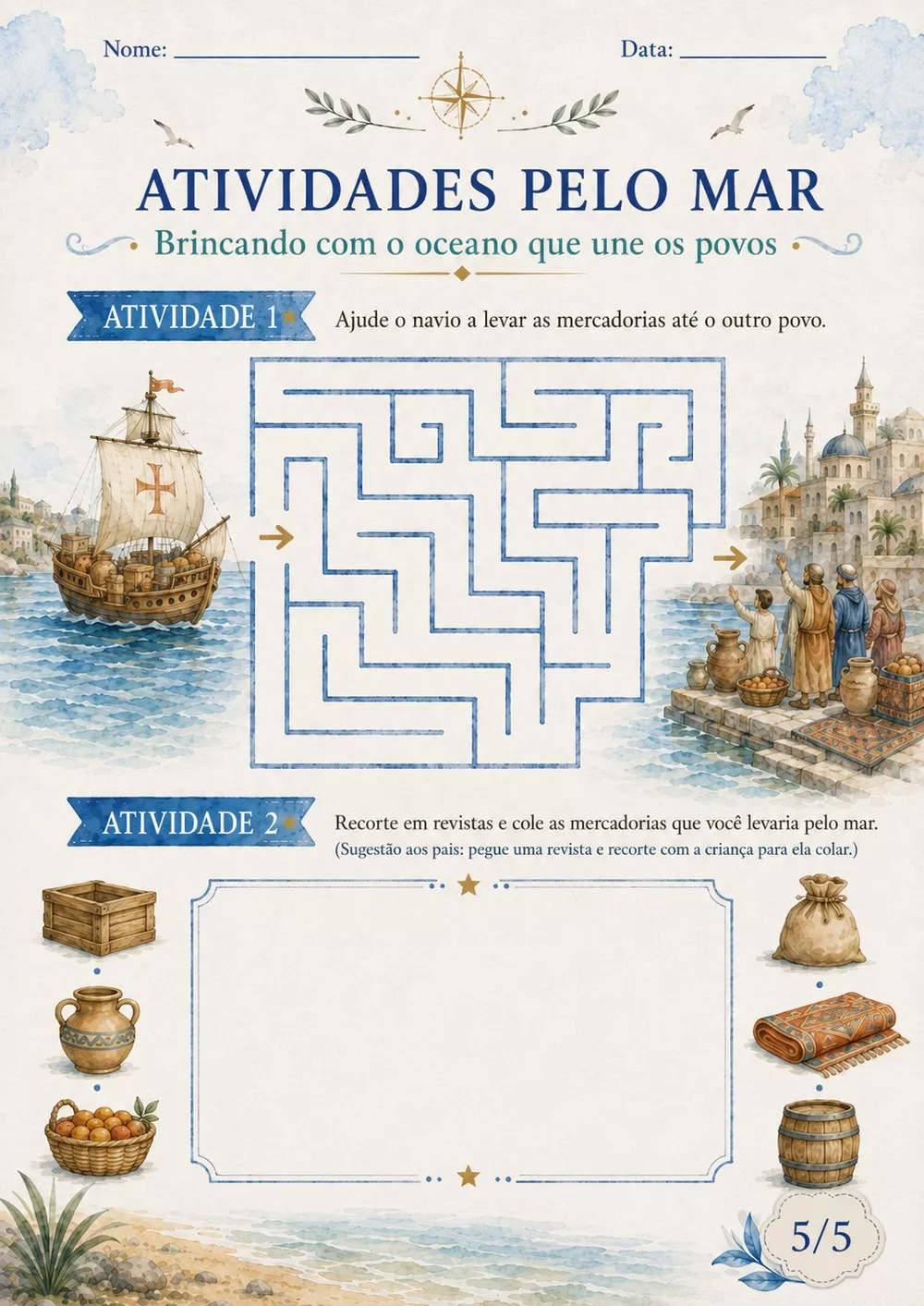 Página interna da Apostila de História do Projeto Oceanos com atividades sobre navegação, comércio entre povos, labirinto de navio e identificação de mercadorias transportadas pelo mar