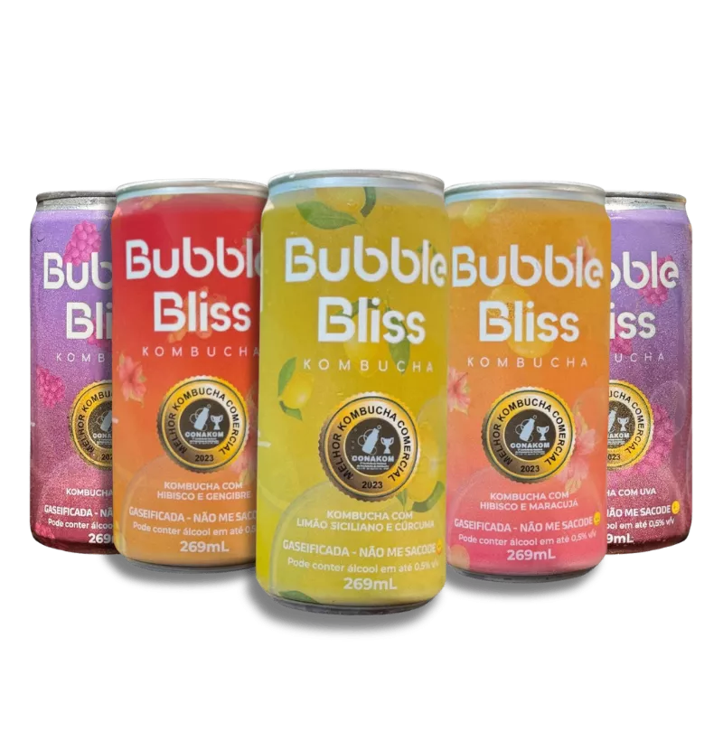 Pack com 12 latas de Kombucha Bubble Bliss – sabores artesanais, frisantes e naturais.
