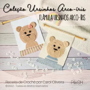 Imagem de capa para o Ebook Flâmula Ursinhos Arco-íris - Receita em crochê por Plush Crocheteria