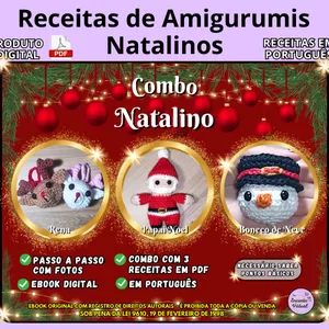 Imagem de capa para o Ebook Receitas de Amigurumis - Combo Natalino com Papai Noel, Rena e Boneco de neve - Amigurumis natalinos - Ebook em PDF