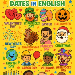 Imagem de capa para o Ebook Aprenda e Ensine Datas Comemorativas em Inglês de Forma Divertida — Material Completo para Crianças de 5 a 10 anos