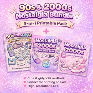 Cover image for Ebook 90s &amp; 2000s Nostalgia Bundle – 3-in-1 Printable Coloring Books + Planner