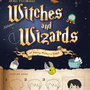 Cover image for Ebook How to draw Witches and Wizards | Drawing Tutorials Book Step by Step: characters, crests, magic objects and much more | Gift for fans of HP