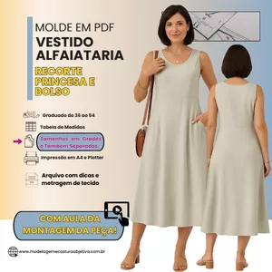 Imagem de capa para o Curso online  VT078 - MOLDE EM PDF - VESTIDO ALFAIATARIA COM RECORTE PRINCESA E BOLSO (com vídeo da montagem da peça)