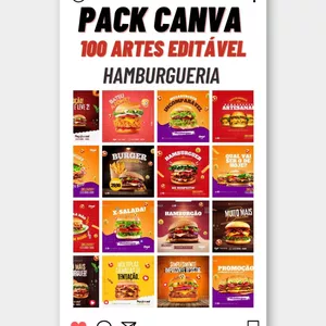 Imagem de capa para o Ebook Pack Canva 100 Artes para Hamburgueria