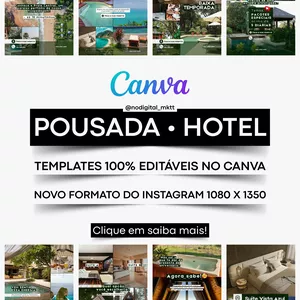 Imagem de capa para o Curso online Lançamento Pack Templates Canva Hotel Pousada Hospedagem Pack de Artes Editáveis no Canva