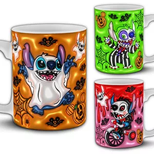Imagen de portada para Curso online 25 Plantillas Sublimar Tazas 11oz Halloween Stitch Cartoon. PNG. Incluye Mockups. 
