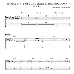 Cover image for Ebook EMPIRE STATE OF MIND (PART II) BROKEN DOWN (Alicia Keys) Bass Transcription, Score &amp; Tab Lesson