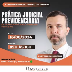 Imagem de capa para o Evento presencial Curso PRESENCIAL RJ - Prática Judicial Previdenciária em Aposentadoria Rural, Pensão por Morte e BPC/LOAS. 