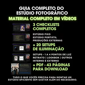 Imagem do curso GUIA COMPLETO DO ESTÚDIO FOTOGRÁFICO | Checklists  + 20 Setups de Iluminação