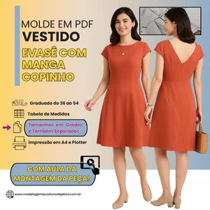 Imagem de capa para o Curso online MOLDE EM PDF - VESTIDO EVASÊ COM MANGA COPINHO ( Aula da Montagem da Peça + Dicas e Metragem de Tecido))