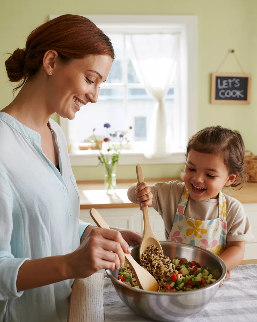 Mãe e criança preparando alimentos juntos em casa, conceito de alimentação prática e envolvimento familiar.