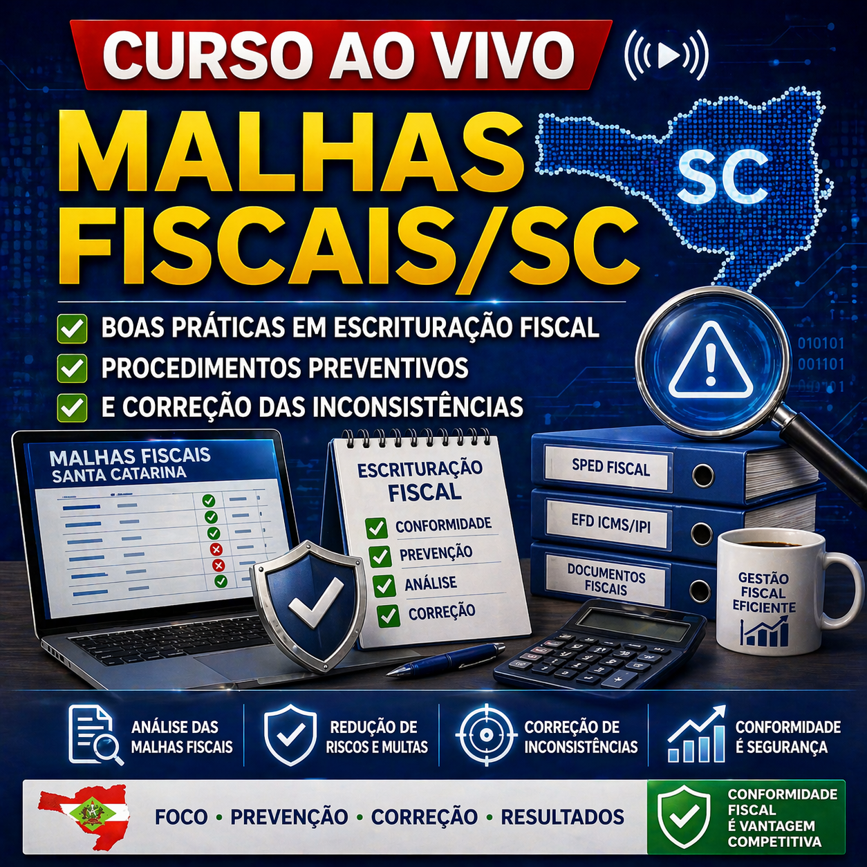 Imagem do curso Ao Vivo - 23/06/2026 - MALHAS FISCAIS/SC - BOAS PRÁTICAS EM ESCRITURAÇÃO FISCAL, PROCEDIMENTOS PREVENTIVOS E CORREÇÃO DAS INCONSISTÊNCIAS (Pontuação no PEPC)