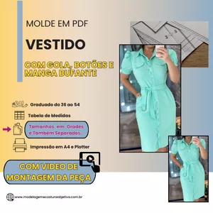 Imagem de capa para o Curso online MOLDE EM PDF -  VESTIDO COM GOLA, BOTÕES E MANGA BUFANTE  (com vídeo de montagem da peça)