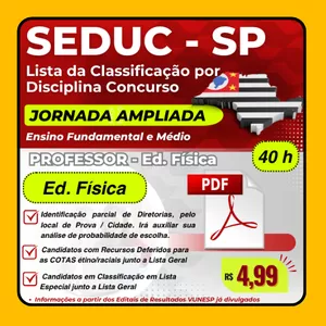 Imagem de capa para o Ebook Lista da Classificação dos Professores ED. FÍSICA Jornada Ampliada 40 h -  Concurso SEDUC-SP: identificação parcial das Diretorias dos candidatos e se estão CLASSIFICADOS nas 2 JORNADAS. Recursos deferidos de cotas étnico raciais, classificação especial.