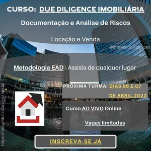 Imagem de capa para o Evento online Curso: Due Diligence Imobiliária - Documentação e Análise de Riscos - Locação e Venda - Iniciante (Direito Imobiliário)