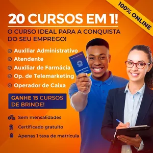 Imagem do curso Curso Profissionalizante 20x1: Auxiliar Administrativo, Atendente, Auxiliar de Farmácia, Op. de Caixa e Op. de Telemarketing + 15 Bônus