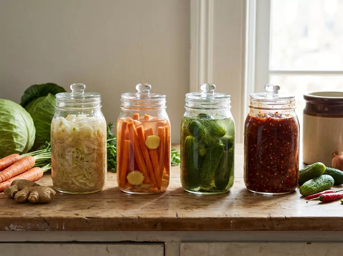 Vidros de alimentos fermentados naturalmente
