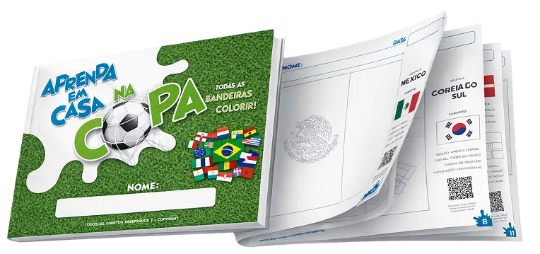 ebook Aprenda em Casa Na Copa, mostrando a capa e algumas páginas internas sendo folheadas