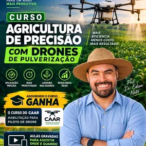 Imagem de Agricultura de precisão com drones de pulverização e mapeamento - INCLUINDO CURSO DO CAAR (habilitação para piloto de drone) - Evolução tecnológica na agricultura, fundamentos dos sistemas de pulverização, anatomia dos drones agrícolas, sis... 3h e 31 mi criado por Edson Neto na hotmart