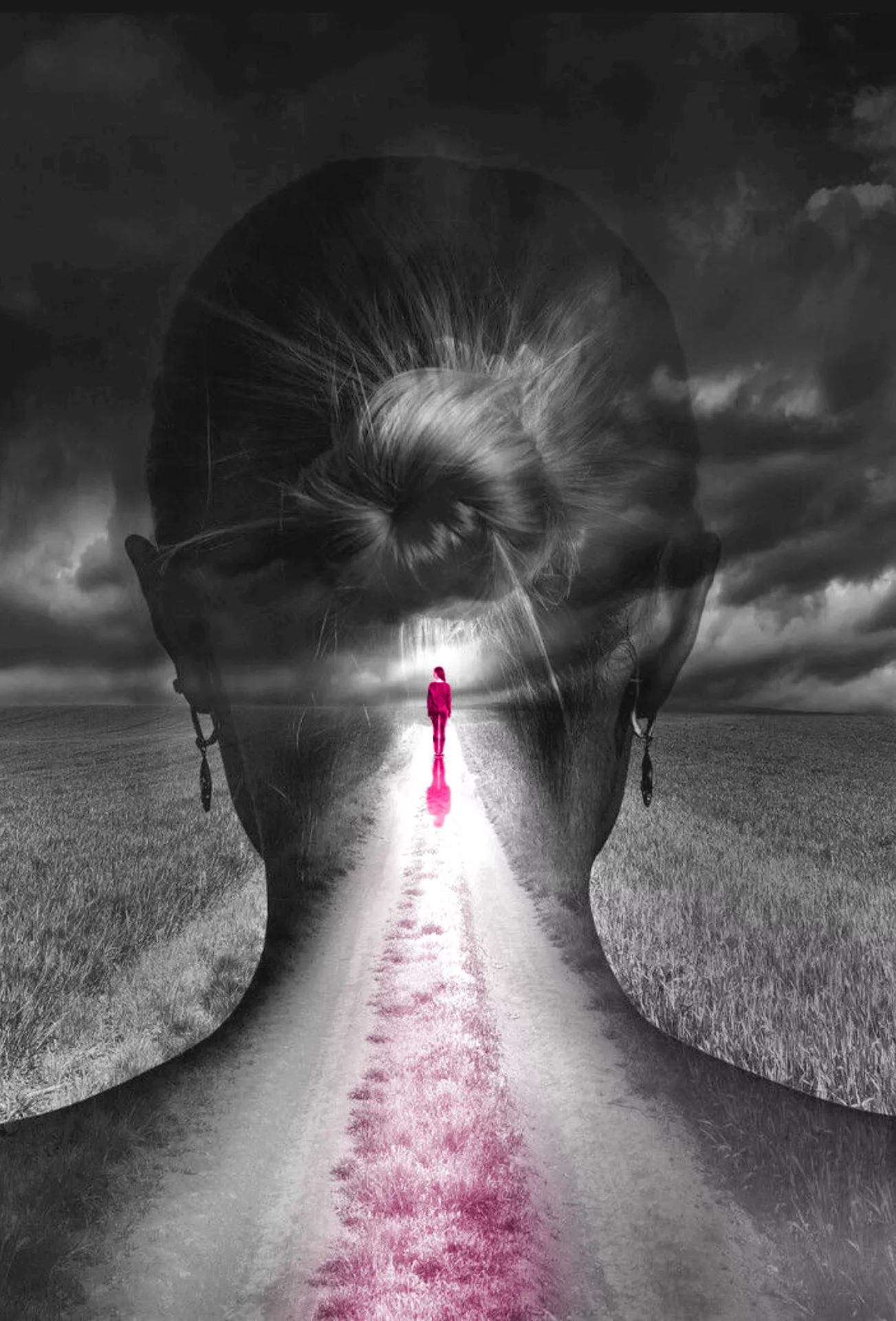 imagen de una mujer de atrás con una persona magenta caminando por su cabeza