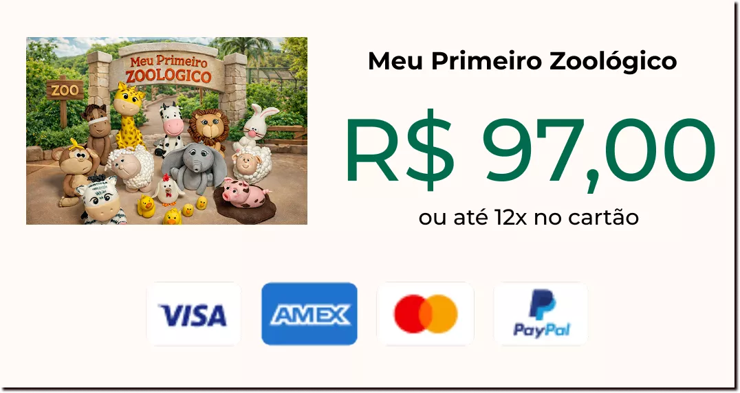 Valor de R$ 97,00 do Curso Meu Primeiro Zoológico - Modele 25 Animais em Pasta Americana