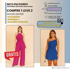 Imagem de capa para o Curso online Molde em PDF: Kit Compre 1 e Leve 2 - Macaquinho Short/Saia de Um Ombro Só + Macacão Pantalona com Elástico (com aula de costura das peças)