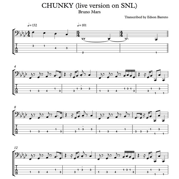 CHUNKY (Bruno Mars) Bass Score & Tab Lesson - Edson Renato Vitti Barret...