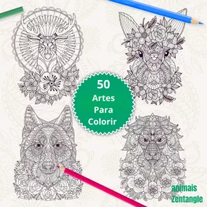 Imagem principal do produto Desenhos para colorir adultos Zentangle para impressão de 50 animais 