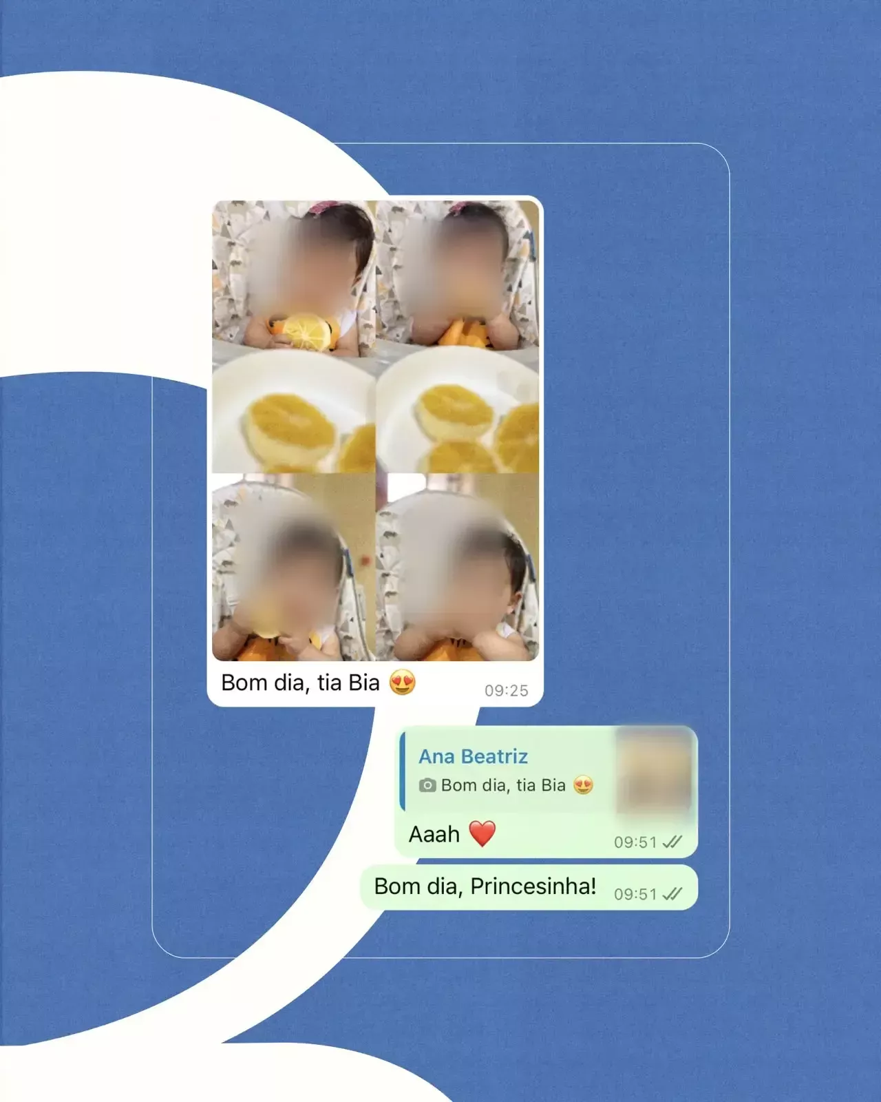 Print de uma mãe mostrando a bebê experimentando alimentos; o rosto foi borrado para preservar a identidade da criança