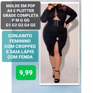 Imagem de capa para o Ebook MOLDE EM PDF CONJUNTO COM CROPPED E SAIA LÁPIS COM FENDA MODA FEMININA