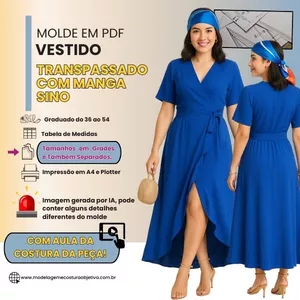 Imagem de capa para o Curso online MOLDE EM PDF - VESTIDO TRANSPASSADO COM MANGA SINO (COM VÍDEO DE MONTAGEM DA PEÇA)
