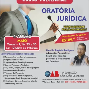 Imagem de capa para o Evento presencial Curso de Oratória Jurídica - Presencial