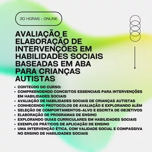 Imagem de capa para o Curso online Curso: Avaliação, escrita de objetivos e elaboração de programas para o ensino de Habilidades Sociais, em intervenções Baseadas em ABA para Crianças Autistas