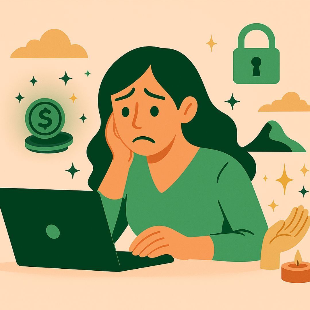 Mujer preocupada frente a su laptop, rodeada de símbolos espirituales y de prosperidad — monedas brillantes, un candado, montañas y una vela encendida — ilustración en tonos verde y dorado que representa bloqueos energéticos con el dinero y la búsqueda de abundancia.