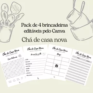 Imagem de capa para o Ebook Pack de 4 Brincadeiras Editáveis para Chá de Casa Nova - Canva 🏡✨