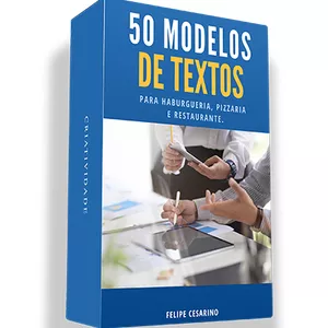 Imagem de capa para o Ebook 50 Modelos De Textos Criativos e Editáveis Para Pizzaria, Hamburgueria e Restaurante.
