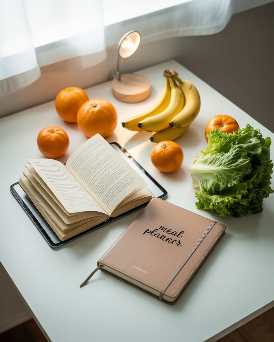 Guia de Alimentação Prática apresentado em tablet com planner de refeições e lista de compras saudáveis.