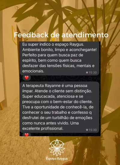feedback de atendimento individual com a fundadora do espaço raygus, terapeuta Rayanne