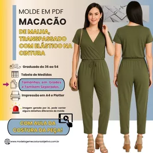 Imagem de capa para o Curso online MOLDE EM PDF - MACACÃO DE MALHA TRANSPASSADA COM ELÁSTICO NA CINTURA (Com Aula de Costura))