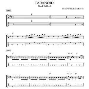 Cover image for Ebook PARANOID (Black Sabbath) Bass Transcription, Score &amp; Tab Lesson