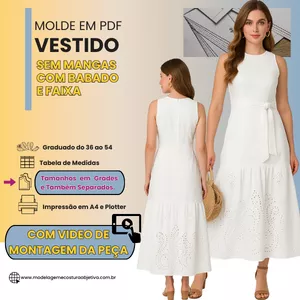Imagem de capa para o Curso online VT067 - MOLDE EM PDF - VESTIDO SEM MANGAS COM BABADO E FAIXA (com vídeo da montagem da peça)